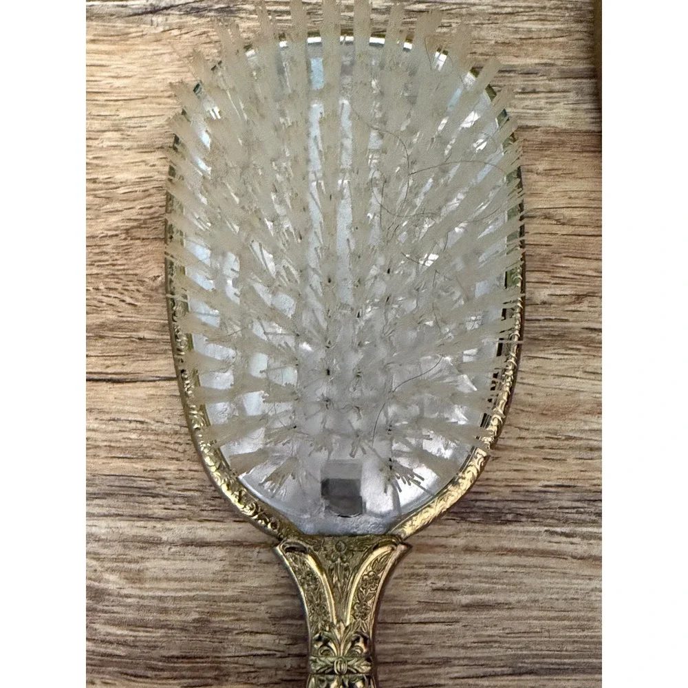 Vintage 1950s Gold Vanity Hand Mirror & Hairbrush Set Coquette Princess Core